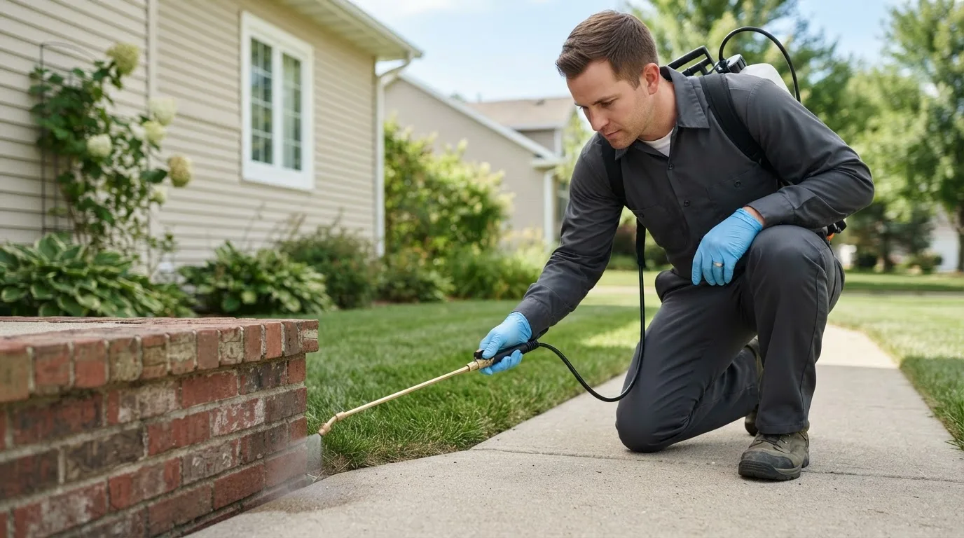Pest control technician treating a home near Brooks, MN